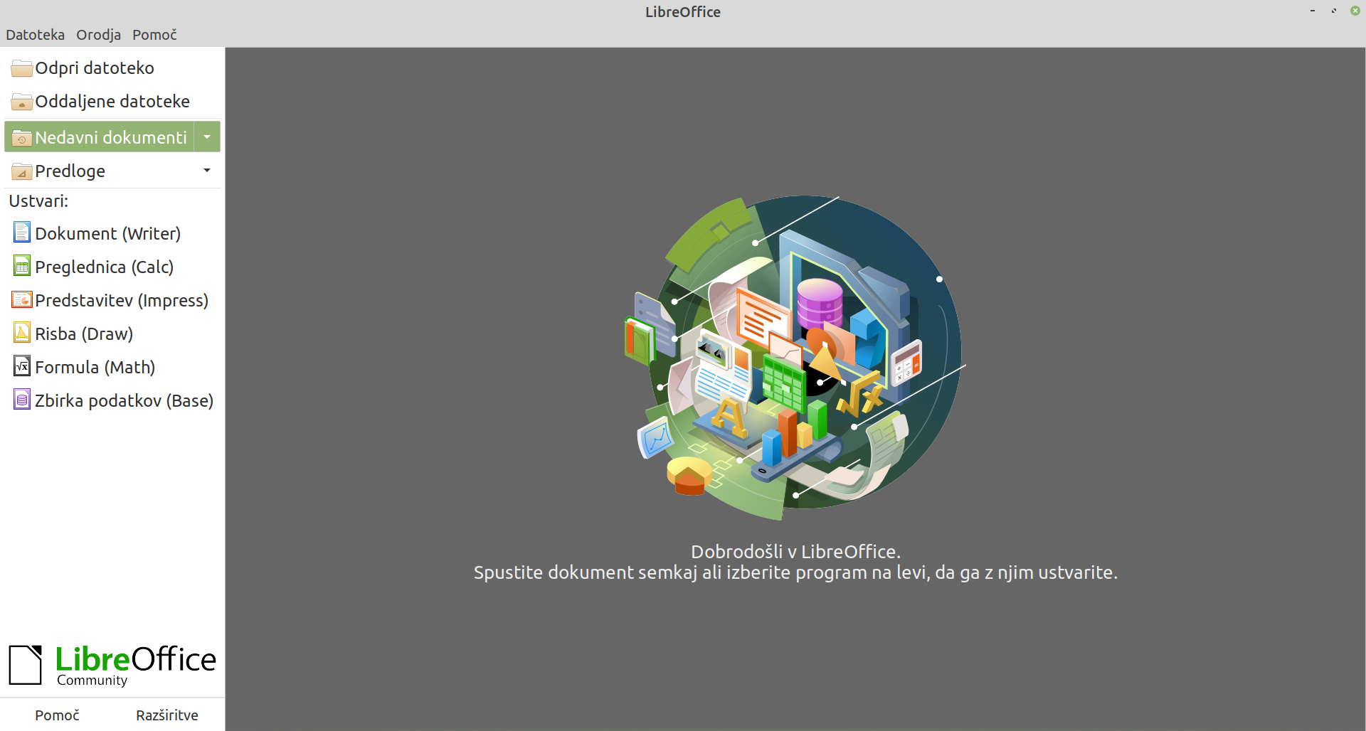 Pisarniški paket LibreOffice vstopna stran